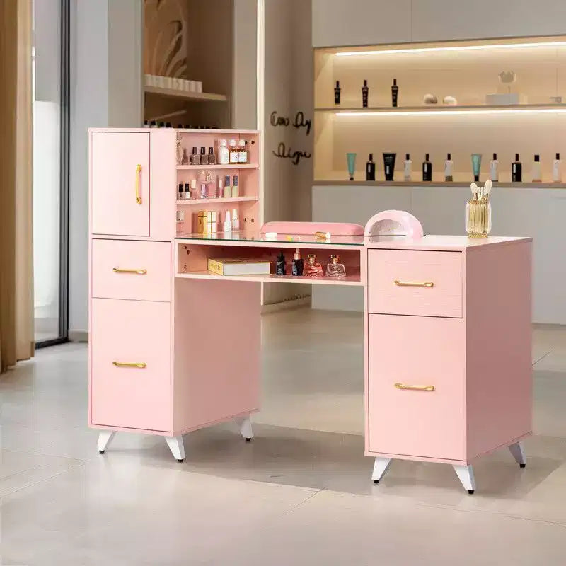 Escritorio de manicura moderno negro/rosa con superficie de cristal y reposamuñecas, estación individual