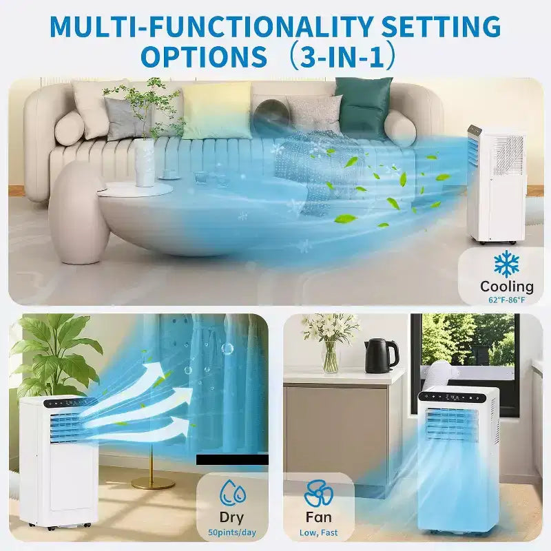 Climatiseur portable 3-en-1 GustoWave 8 000 BTU – Refroidit jusqu'à 42 m², silencieux <42 dB avec minuterie 24h et télécommande, sur pied