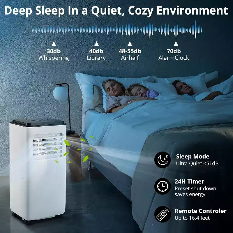 Climatiseur portable GustoWave 10 000 BTU pour pièces jusqu'à 42 m² avec minuterie 24h, mode veille, plateau noir