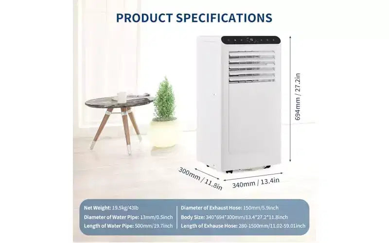 Climatiseur portable GustoWave 10000 BTU 3-en-1 Refroidissement Déshumidificateur Télécommande Silencieux Panneau noir Chambre Bureau Appartement