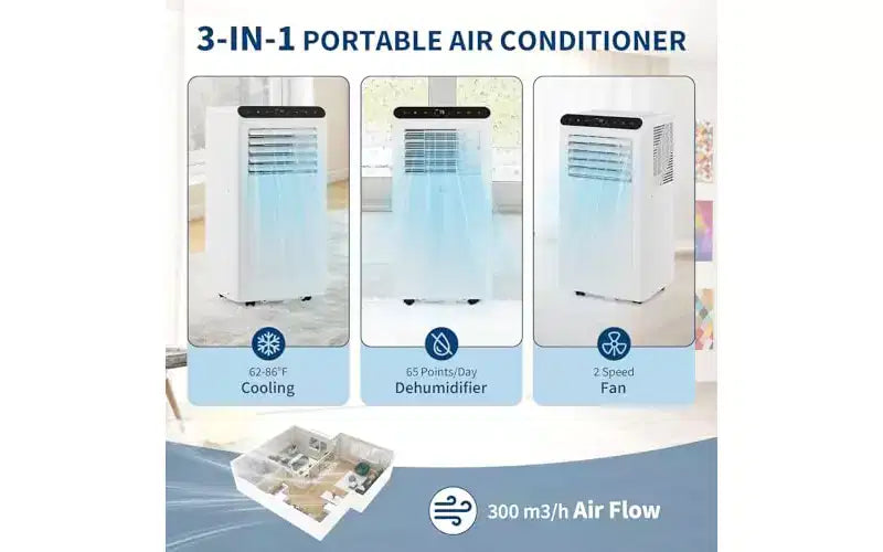 Climatiseur portable GustoWave 10000 BTU 3-en-1 Refroidissement Déshumidificateur Télécommande Silencieux Panneau noir Chambre Bureau Appartement