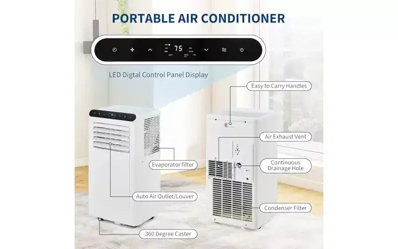 Climatiseur portable GustoWave 10000 BTU 3-en-1 Refroidissement Déshumidificateur Télécommande Silencieux Panneau noir Chambre Bureau Appartement