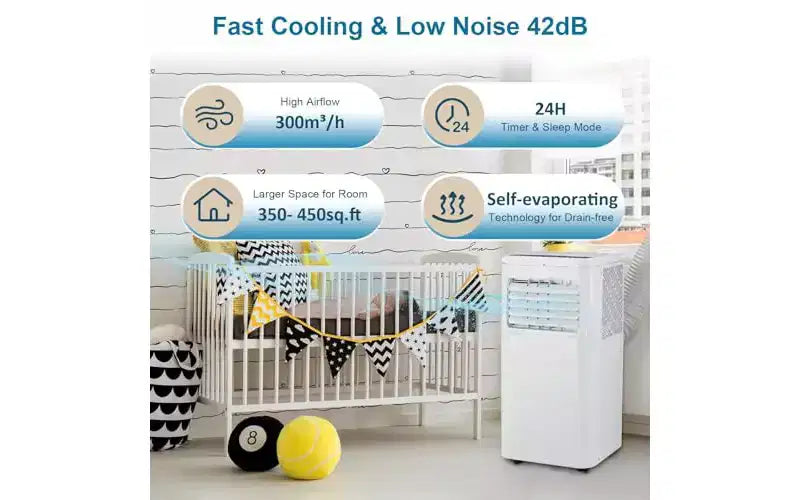 Climatiseur portable 3-en-1 8 000/10 000 BTU - Refroidit jusqu'à 42 m², fonctionnement silencieux, filtre lavable, écologique R32