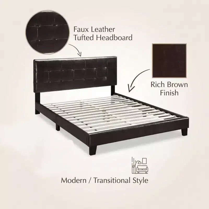 Base de cama de plataforma de piel sintética marrón con cabecera ajustable – Individual / Matrimonial