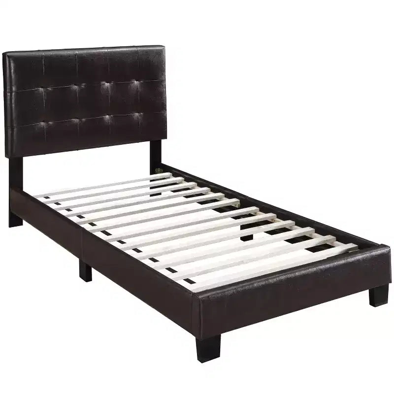 Base de cama de plataforma de piel sintética marrón con cabecera ajustable – Individual / Matrimonial