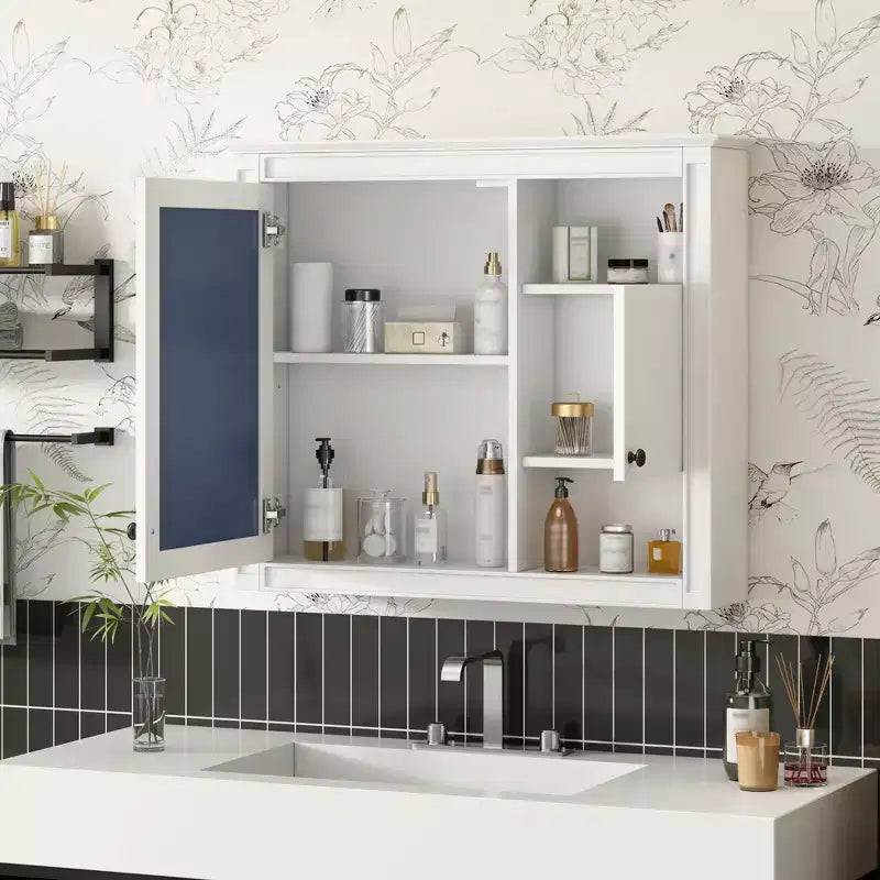 Armario de espejo de baño, montado en la pared, blanco, de 2 puertas, para 1 o 2 personas