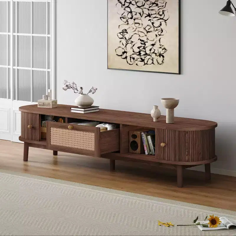 Mueble de TV de ratán marrón natural con frentes de puertas corredizas y cajón, capacidad para hasta 75", montaje por 1 persona