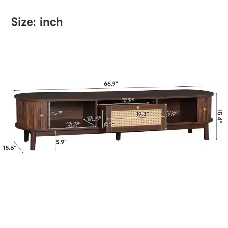 Mueble de TV de ratán marrón natural con frentes de puertas corredizas y cajón, capacidad para hasta 75", montaje por 1 persona