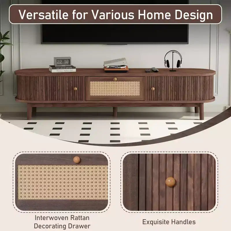 Mueble de TV de ratán marrón natural con frentes de puertas corredizas y cajón, capacidad para hasta 75", montaje por 1 persona