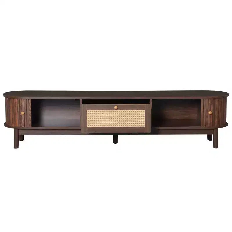Mueble de TV de ratán marrón natural con frentes de puertas corredizas y cajón, capacidad para hasta 75", montaje por 1 persona