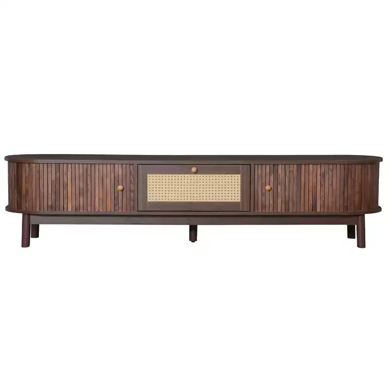 Mueble de TV de ratán marrón natural con frentes de puertas corredizas y cajón, capacidad para hasta 75", montaje por 1 persona
