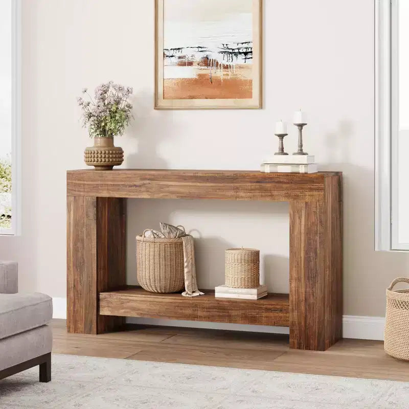 Mesa Consola de 2 Niveles en Marrón Natural – Estilo Rústico, Montaje para 1 Persona, 47" o 63"
