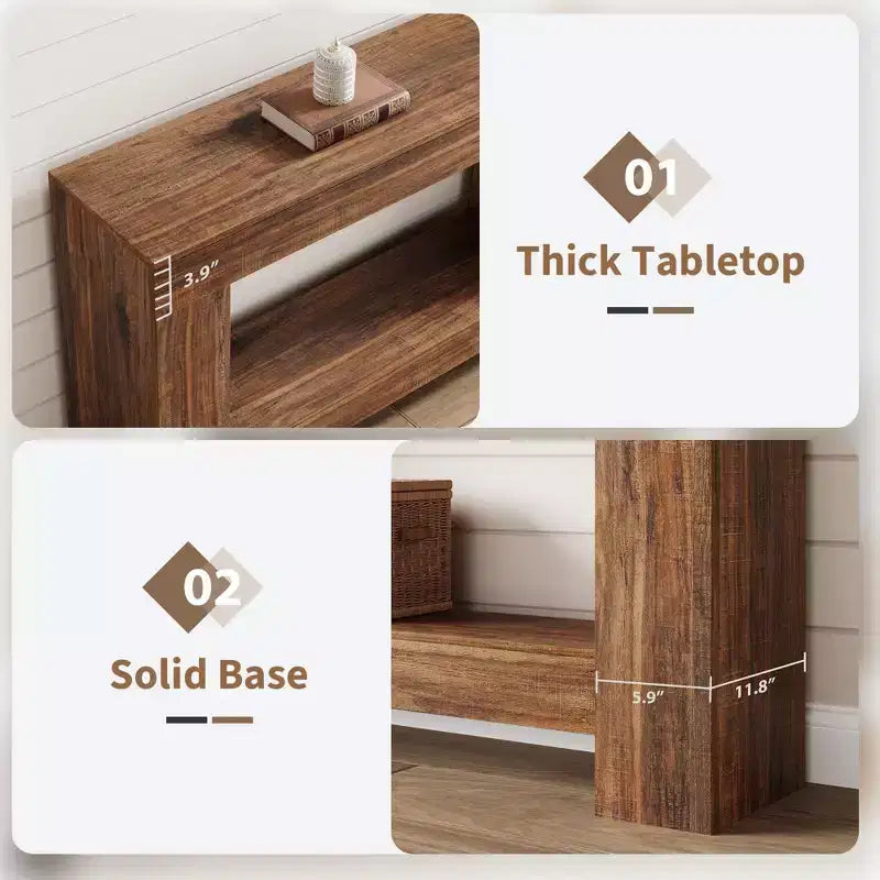 Mesa Consola de 2 Niveles en Marrón Natural – Estilo Rústico, Montaje para 1 Persona, 47" o 63"