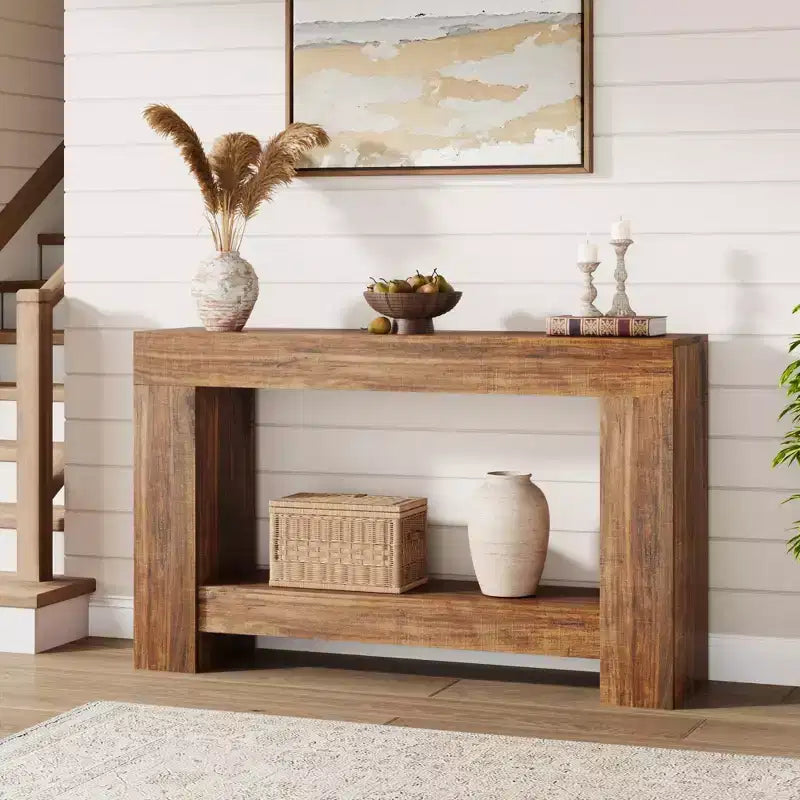 Mesa Consola de 2 Niveles en Marrón Natural – Estilo Rústico, Montaje para 1 Persona, 47" o 63"