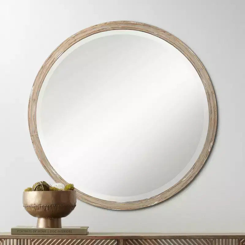 Espejo de pared redondo de imitación madera gris, estilo rústico, juego de 2