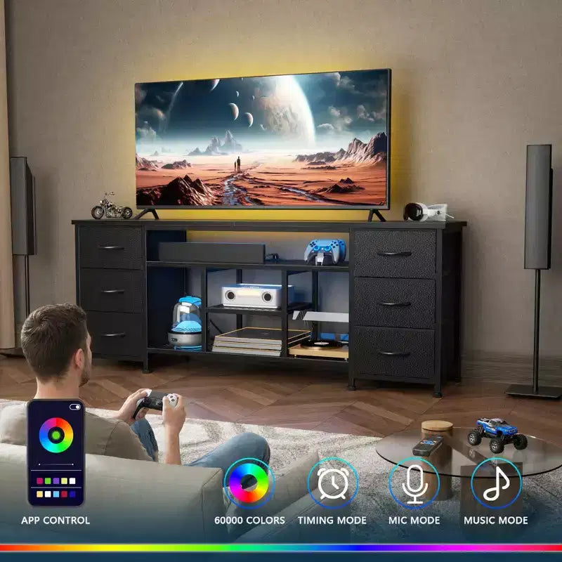 Mueble de TV negro con luces LED y 6 cajones de tela, montaje para 1 persona, para televisores de hasta 60"
