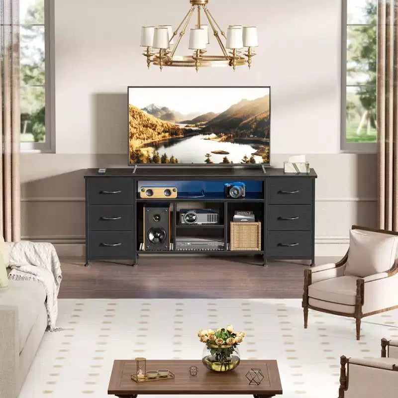 Mueble de TV negro con luces LED y 6 cajones de tela, montaje para 1 persona, para televisores de hasta 60"