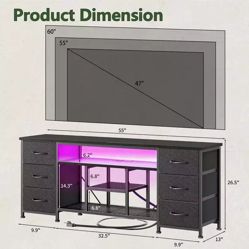 Mueble de TV negro con luces LED y 6 cajones de tela, montaje para 1 persona, para televisores de hasta 60"