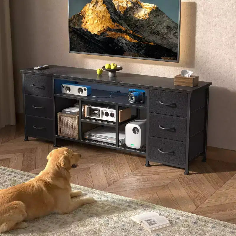 Mueble de TV negro con luces LED y 6 cajones de tela, montaje para 1 persona, para televisores de hasta 60"