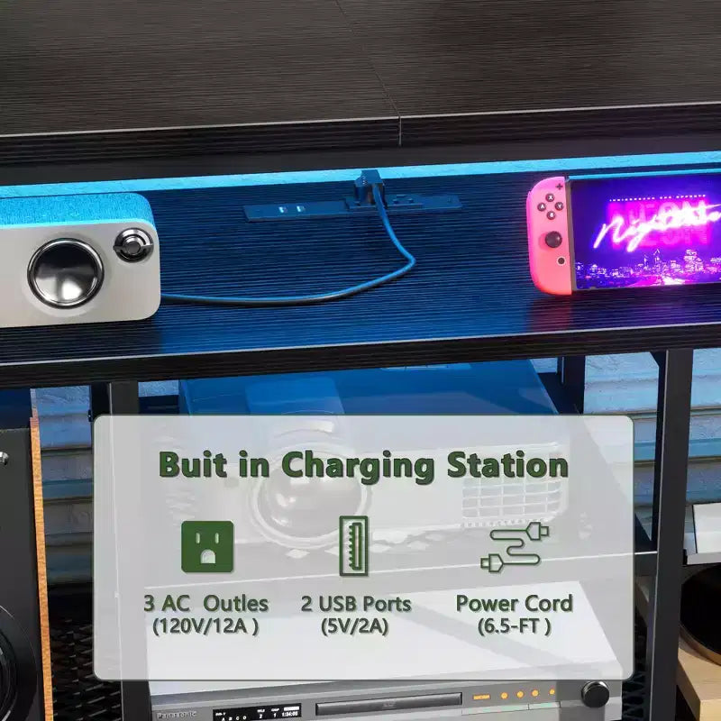 Mueble de TV negro con luces LED y 6 cajones de tela, montaje para 1 persona, para televisores de hasta 60"