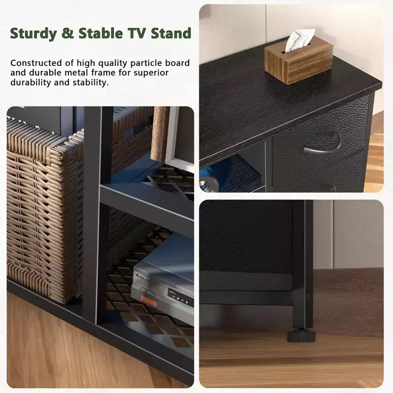 Mueble de TV negro con luces LED y 6 cajones de tela, montaje para 1 persona, para televisores de hasta 60"