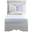 Passion Furniture Lorana Silver Champagne Wood Frame Twin Panel Bed with LED Lighted Headboard