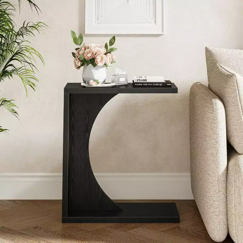 Mesa auxiliar negra en forma de C para sofá y cama, individual