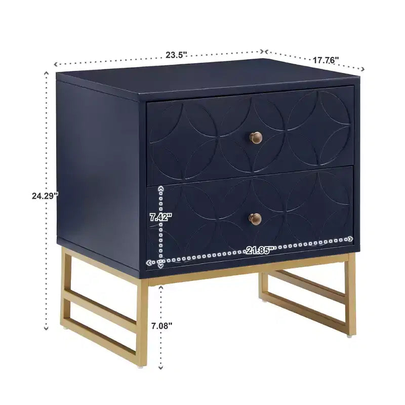 Mesita de Noche Metálica con Cajón, Diseño de Diamante Arqueado, en Negro/Dorado, Azul, Gris y Blanco/Dorado