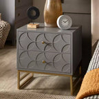 Mesita de Noche Metálica con Cajón, Diseño de Diamante Arqueado, en Negro/Dorado, Azul, Gris y Blanco/Dorado