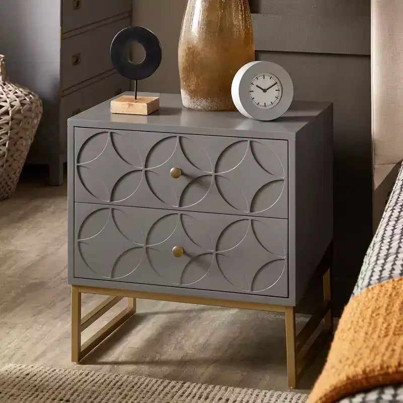 Mesita de Noche Metálica con Cajón, Diseño de Diamante Arqueado, en Negro/Dorado, Azul, Gris y Blanco/Dorado