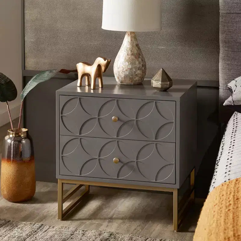 Mesita de Noche Metálica con Cajón, Diseño de Diamante Arqueado, en Negro/Dorado, Azul, Gris y Blanco/Dorado