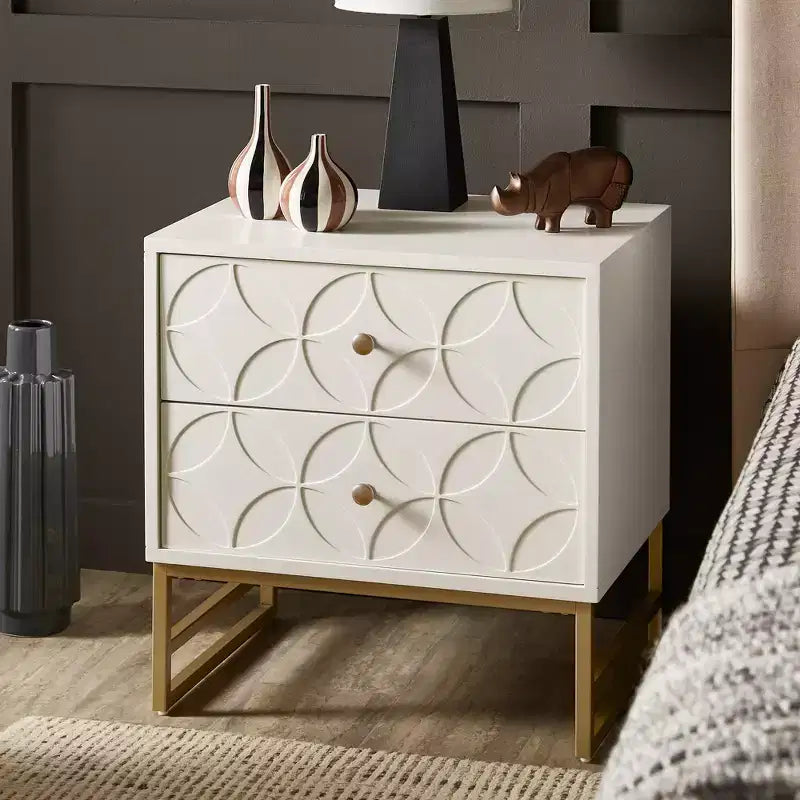 Mesita de Noche Metálica con Cajón, Diseño de Diamante Arqueado, en Negro/Dorado, Azul, Gris y Blanco/Dorado