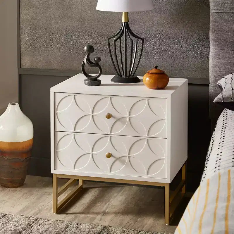 Mesita de Noche Metálica con Cajón, Diseño de Diamante Arqueado, en Negro/Dorado, Azul, Gris y Blanco/Dorado