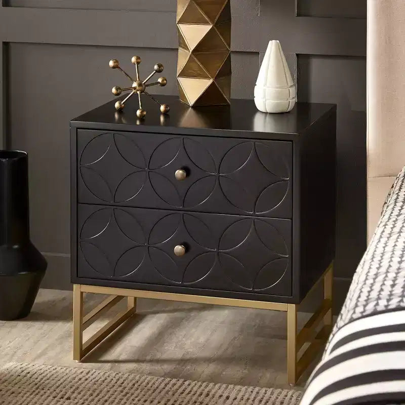 Mesita de Noche Metálica con Cajón, Diseño de Diamante Arqueado, en Negro/Dorado, Azul, Gris y Blanco/Dorado