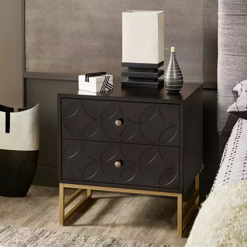 Mesita de Noche Metálica con Cajón, Diseño de Diamante Arqueado, en Negro/Dorado, Azul, Gris y Blanco/Dorado