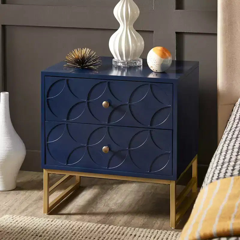 Mesita de Noche Metálica con Cajón, Diseño de Diamante Arqueado, en Negro/Dorado, Azul, Gris y Blanco/Dorado