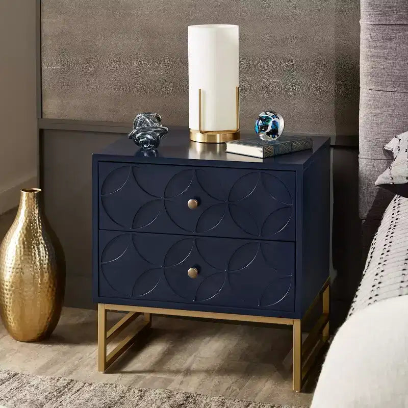Mesita de Noche Metálica con Cajón, Diseño de Diamante Arqueado, en Negro/Dorado, Azul, Gris y Blanco/Dorado