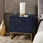 Mesita de Noche Metálica con Cajón, Diseño de Diamante Arqueado, en Negro/Dorado, Azul, Gris y Blanco/Dorado