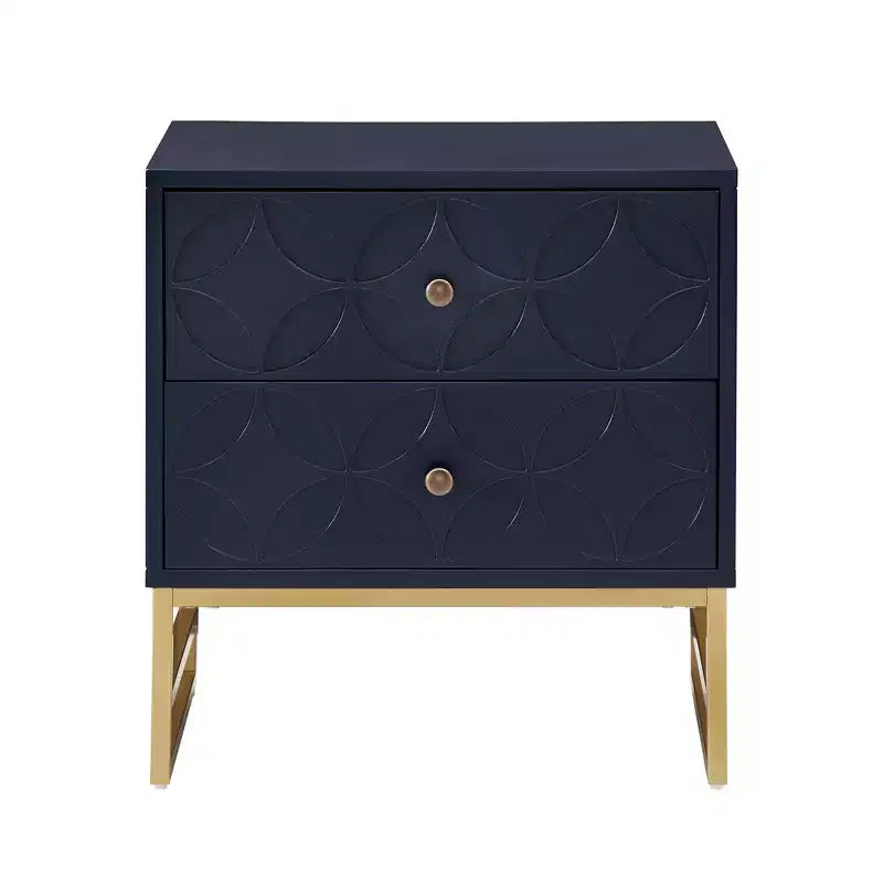 Mesita de Noche Metálica con Cajón, Diseño de Diamante Arqueado, en Negro/Dorado, Azul, Gris y Blanco/Dorado