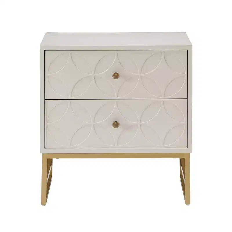 Mesita de Noche Metálica con Cajón, Diseño de Diamante Arqueado, en Negro/Dorado, Azul, Gris y Blanco/Dorado