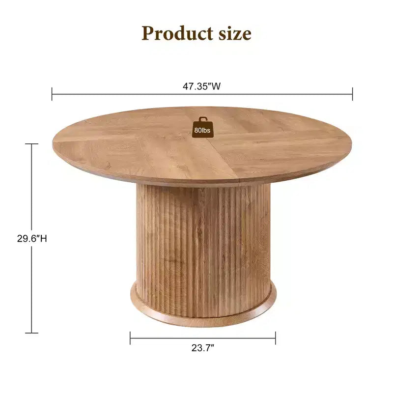 Negro / Marrón claro / Natural – Mesa de comedor redonda estriada, base de pedestal, capacidad para 4 a 6 personas