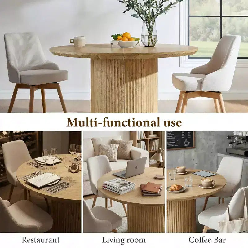 Negro / Marrón claro / Natural – Mesa de comedor redonda estriada, base de pedestal, capacidad para 4 a 6 personas