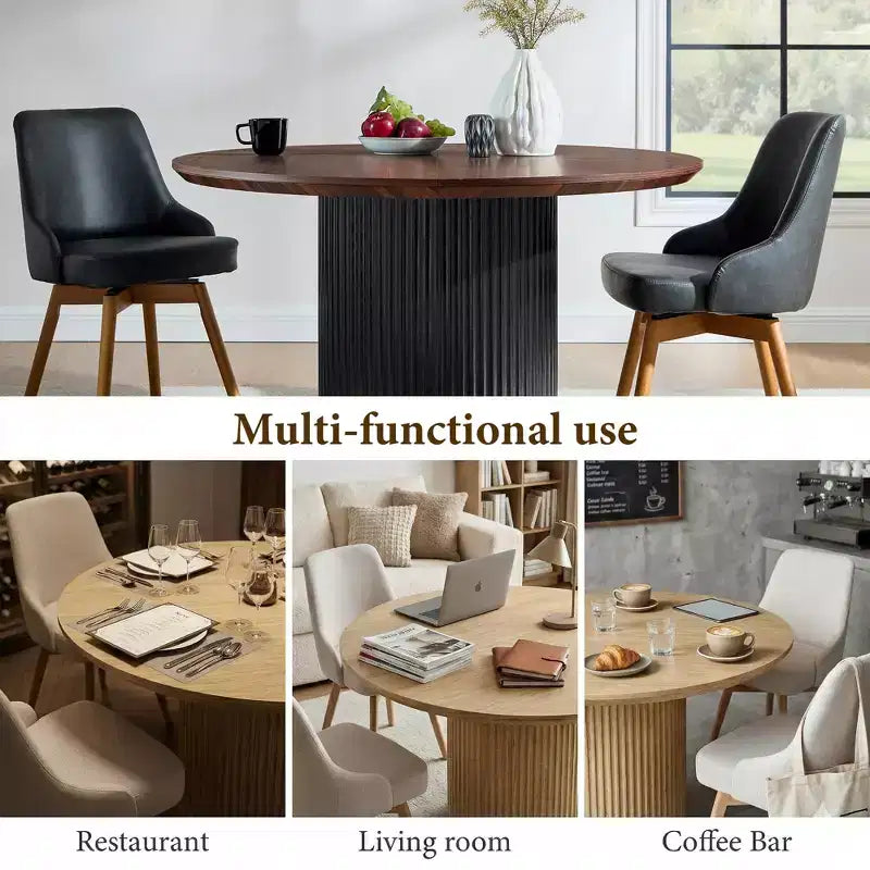 Negro / Marrón claro / Natural – Mesa de comedor redonda estriada, base de pedestal, capacidad para 4 a 6 personas