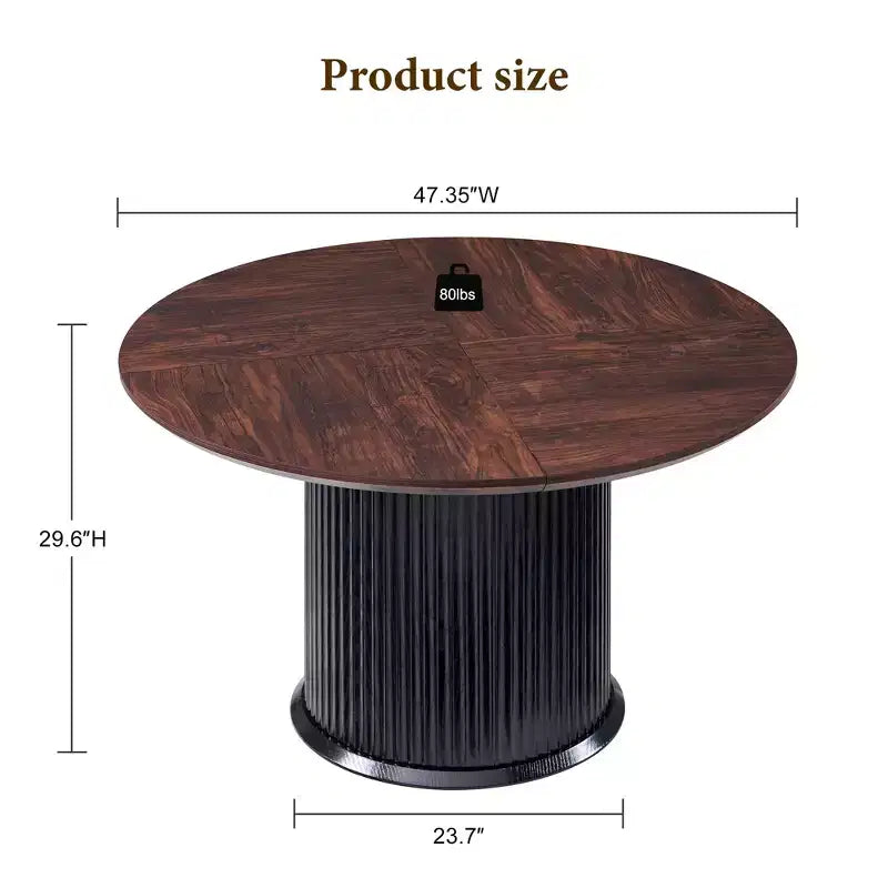 Negro / Marrón claro / Natural – Mesa de comedor redonda estriada, base de pedestal, capacidad para 4 a 6 personas