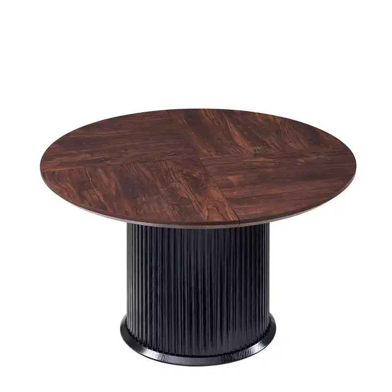 Negro / Marrón claro / Natural – Mesa de comedor redonda estriada, base de pedestal, capacidad para 4 a 6 personas
