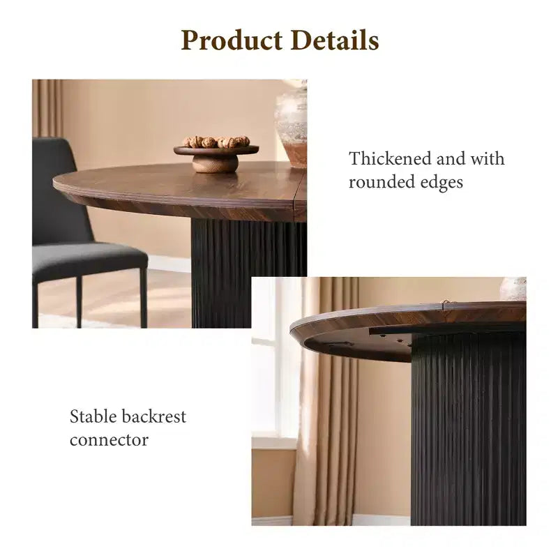 Negro / Marrón claro / Natural – Mesa de comedor redonda estriada, base de pedestal, capacidad para 4 a 6 personas