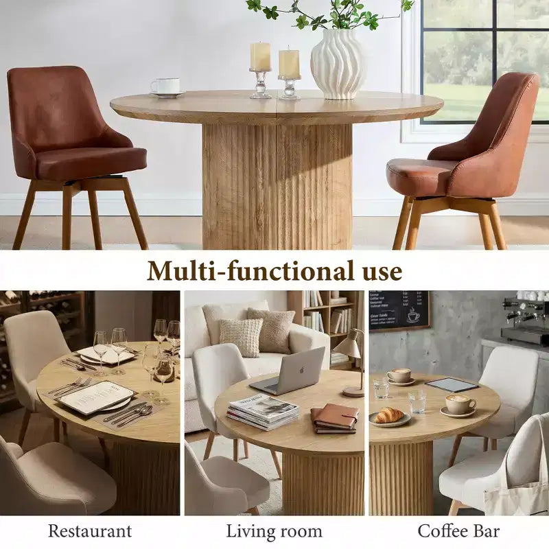 Negro / Marrón claro / Natural – Mesa de comedor redonda estriada, base de pedestal, capacidad para 4 a 6 personas