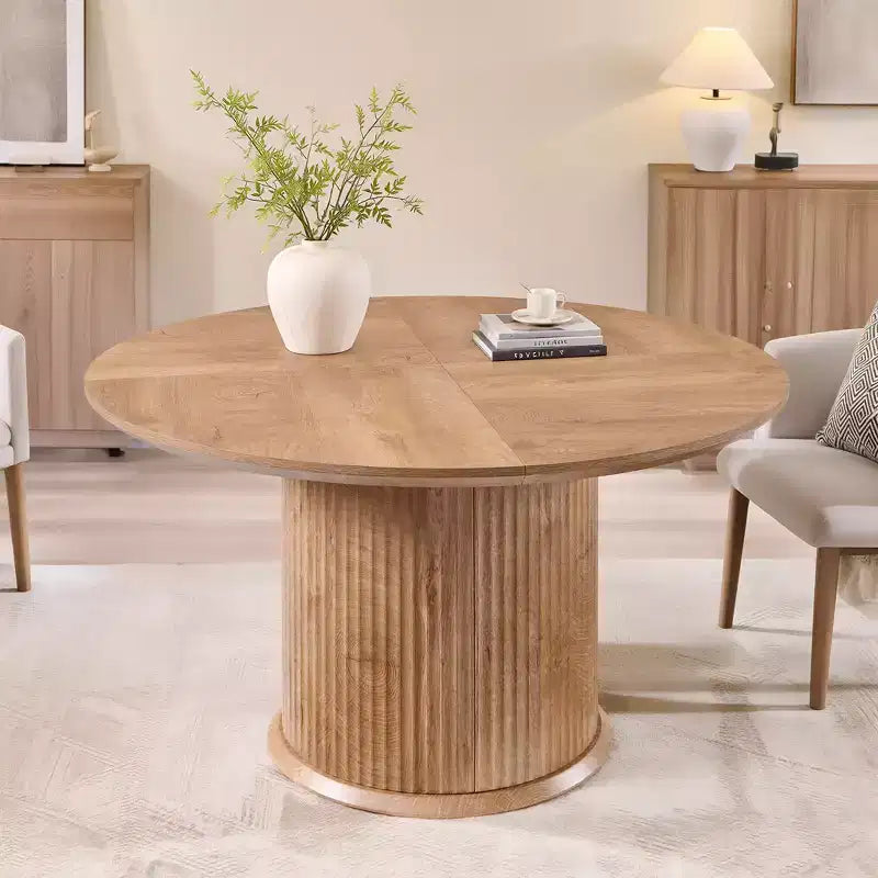 Negro / Marrón claro / Natural – Mesa de comedor redonda estriada, base de pedestal, capacidad para 4 a 6 personas