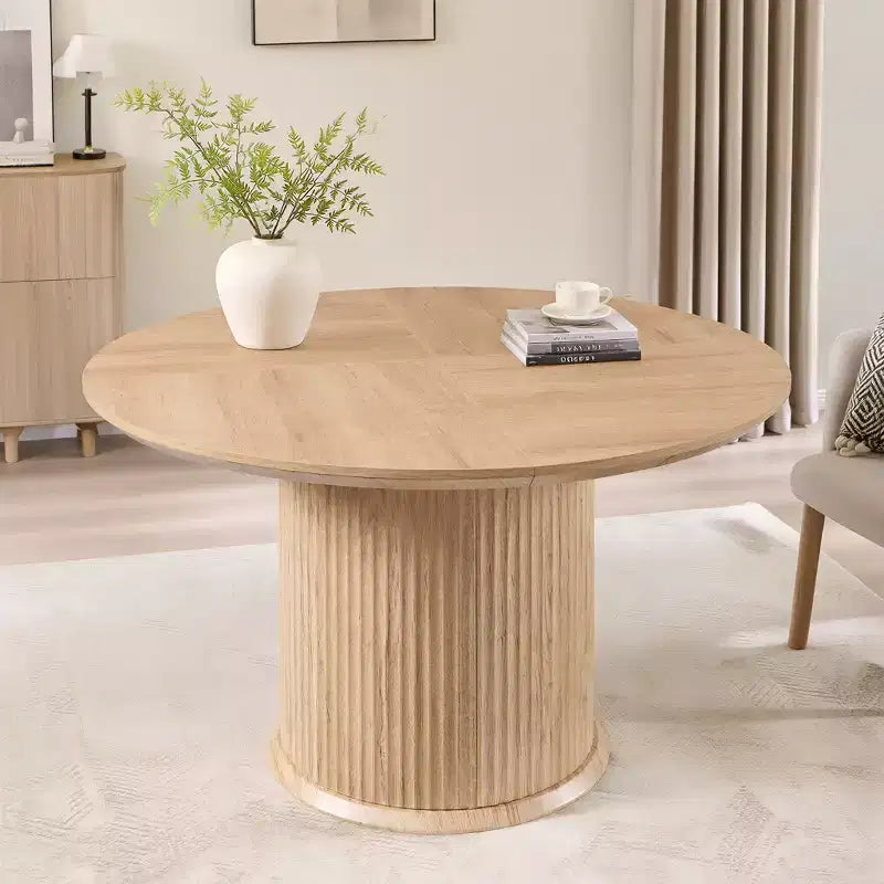 Negro / Marrón claro / Natural – Mesa de comedor redonda estriada, base de pedestal, capacidad para 4 a 6 personas