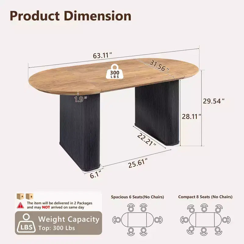 Mesa de comedor ovalada, capacidad 4 a 6 personas, color negro/marrón/natural